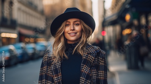 Beautiful fashion female model wearing elegant woolen hat and plaid navy trench coat outdoor on autumn winter urban street, stylish woman in city concept with copy space.