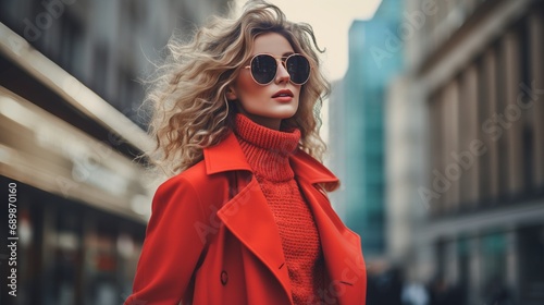 Beautiful fashion female model in red turtleneck sweater and woolen red coat outdoor on autumn winter urban street, stylish woman in city concept with copy space.