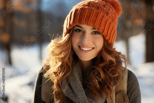 portrait of a beautiful woman in winter, bright sunny day and snow