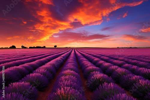Epic landscape of lavender fields at sunset.