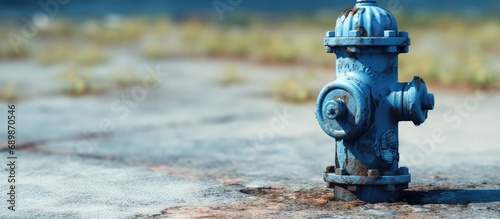 A worn blue fire hydrant.
