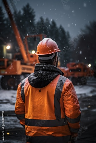 Braving Winter Elements: Hard Hat Worker with Orange Vest at Site © aprilian