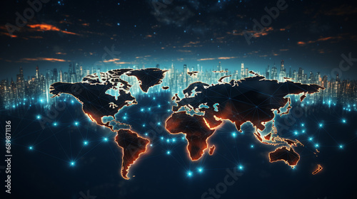 digital illustration of a world map interconnected with digital lines and nodes, symbolizing global business networks