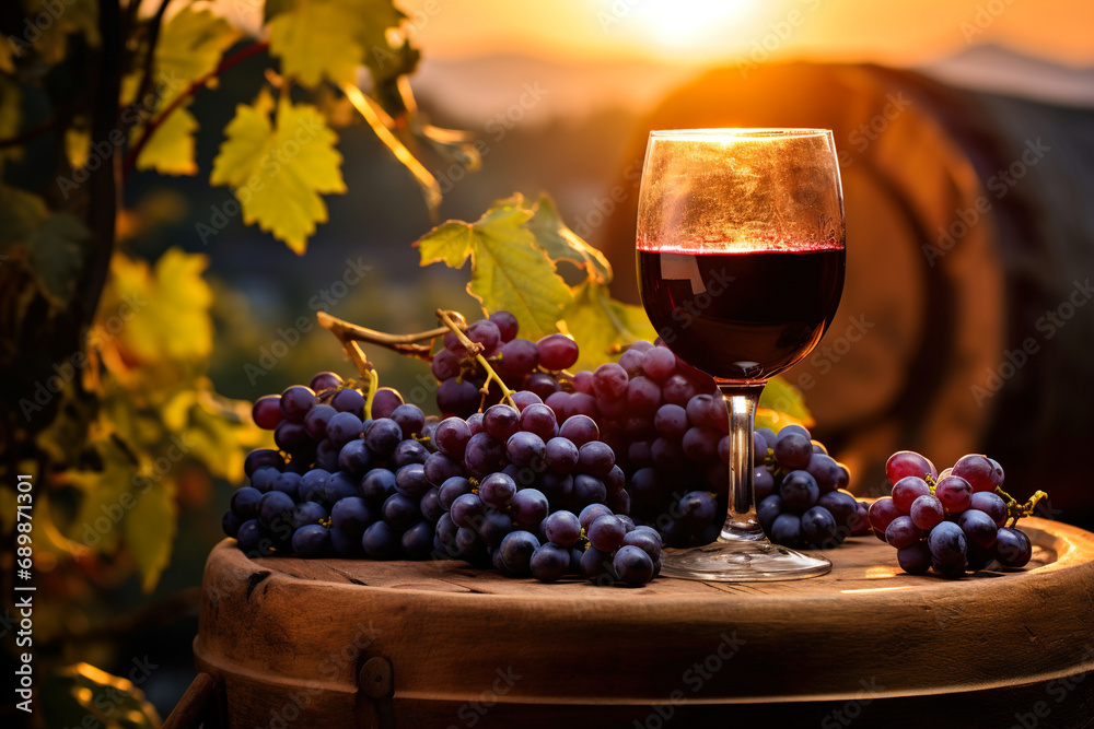 A glass of red wine stands on a wooden barrel with a bunch of grapes lying next to it, against the backdrop of a vineyard in a valley with mountains.