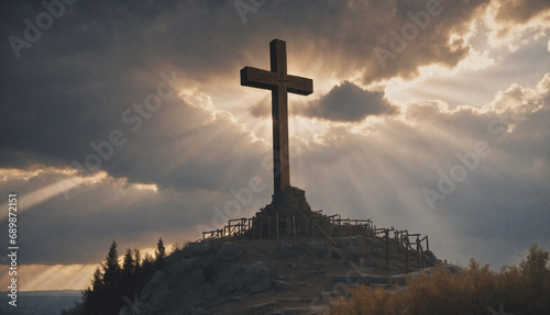 Holy cross symbolizing the death and resurrection of Jesus Christ with The sky over Golgotha Hill is shrouded in light and clouds 