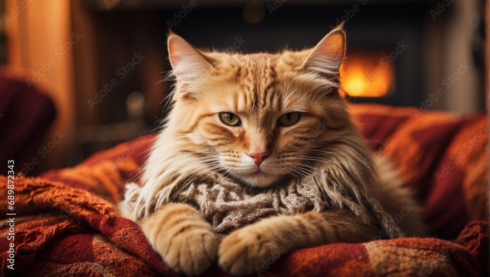 A well-groomed fluffy red cat is resting in an armchair. Warm atmosphere, fireplace, fire in the background. A bright warming blanket. Pleasant autumn tones. The concept of the heating season.