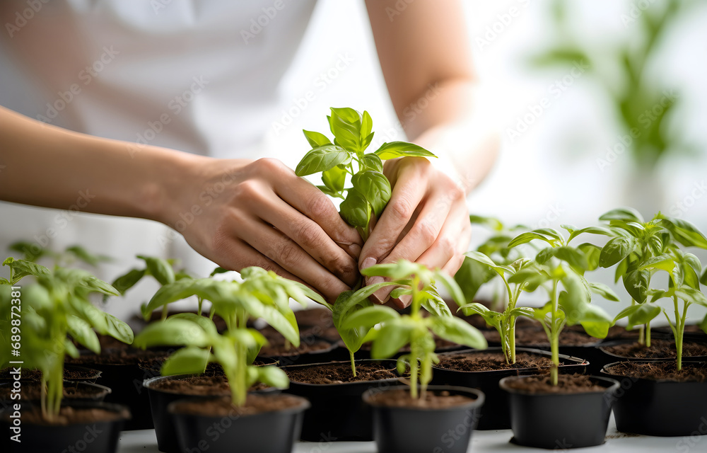 woman's hands taking care of plants on white greenhouse blurred background