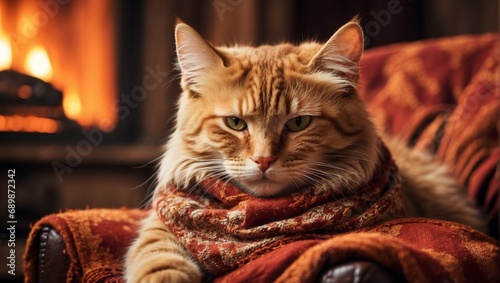 A well-groomed fluffy red cat is resting in an armchair. Warm atmosphere, fireplace, fire in the background. A bright warming blanket. Pleasant autumn tones. The concept of the heating season.