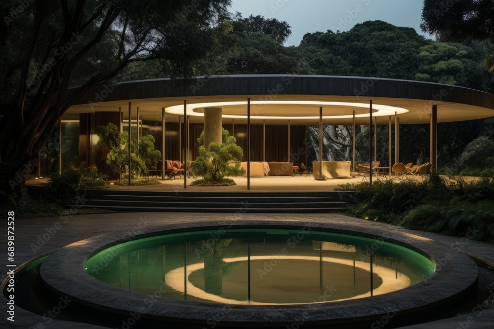 Mid-century modern circular concrete house 70's and 60's luxury inspiration with circular pool glass windows, modernist columns night photography lights architecture, concrete stairs led lights Mid-century modern circular concrete house 70's and 60's luxury inspiration with circular pool glass windows, modernist columns night photography lights architecture, concrete stairs led lights