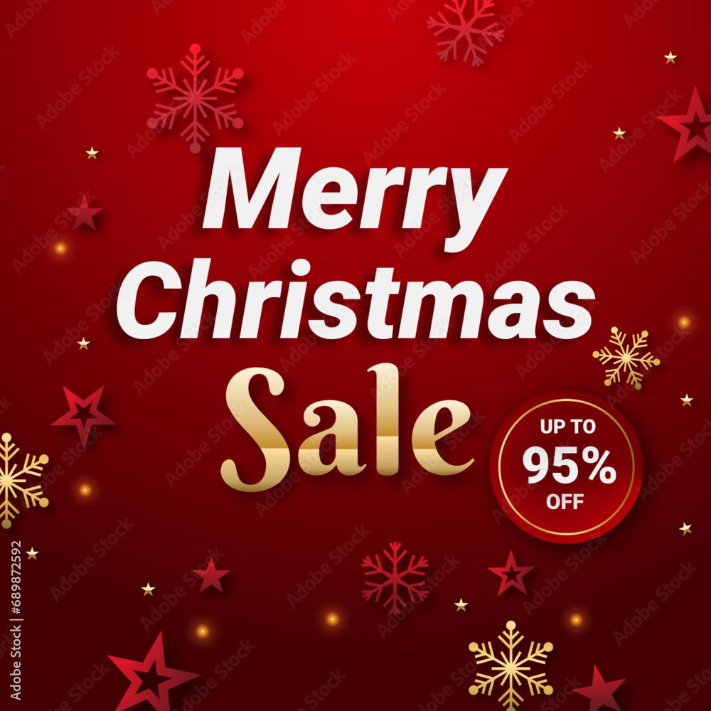 Merry Christmas Promotion Poster or banner with red and golden snowflake and red and golden star with Discount up to 95% off. Shopping or Christmas Promotion in red and black style.