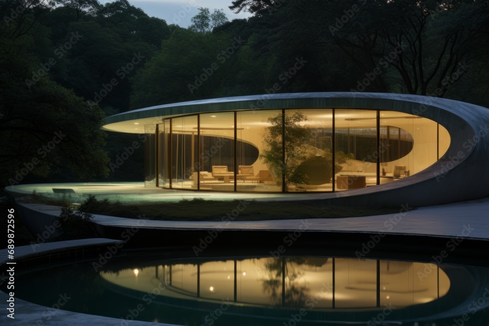 Fototapeta premium Mid-century modern circular concrete house 70's and 60's luxury inspiration with circular pool glass windows