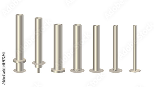 Metal column with different diameters. Realistic steel  aluminum or stainless steel poles on a round base set. Vector illustration.