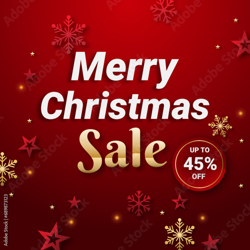 Merry Christmas Promotion Poster or banner with red and golden snowflake and red and golden star with Discount up to 45  off. Shopping or Christmas Promotion in red and black style.