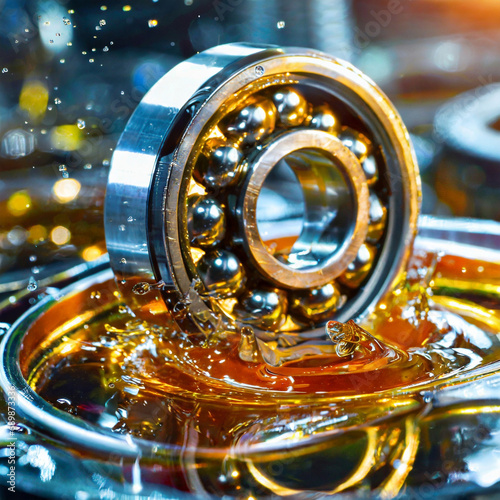 Close-up, high quality, metal ball bearing in/around swirly lubricating grease/oil, industrial machinery part.