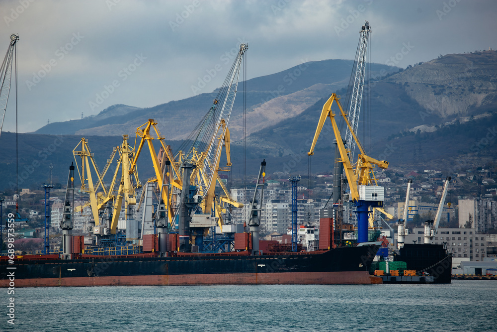 Commercial port terminal with cargo cranes in Novorossiysk
