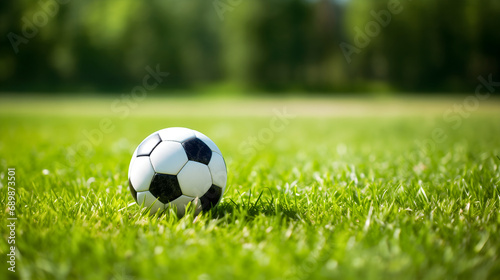 Black and white soccer ball placed on a grass field on a sunny day. Recreational leisure outdoor sports summer activities, football match