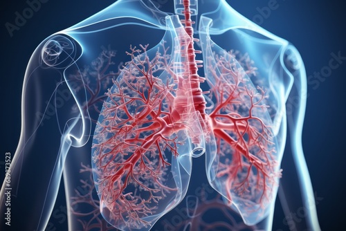3D colorful illustration of human lungs on dark blue background. Human respiratory system anatomy, bronchia, pleura, trachea, blood vessels and veins. Mockup for publications on medical topics. photo