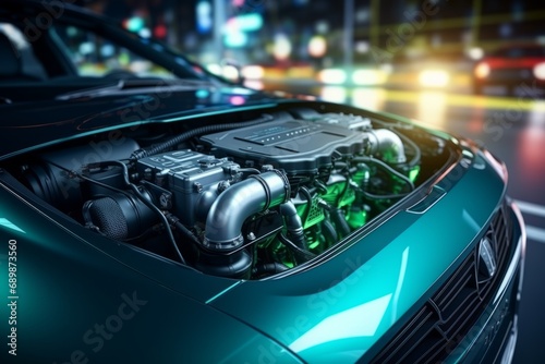 An image of an engine with green backlight in the engine compartment of a passenger car in blue color against the background of the city. Inspection of the car engine before purchase.  photo