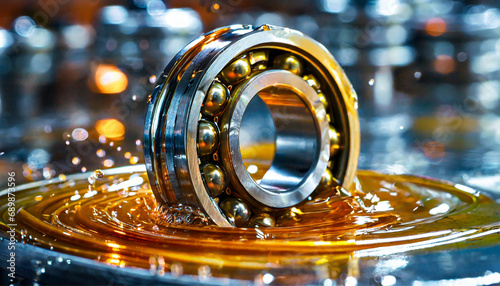 Close-up, high quality, metal ball bearing in/around swirly lubricating grease/oil, industrial machinery part.