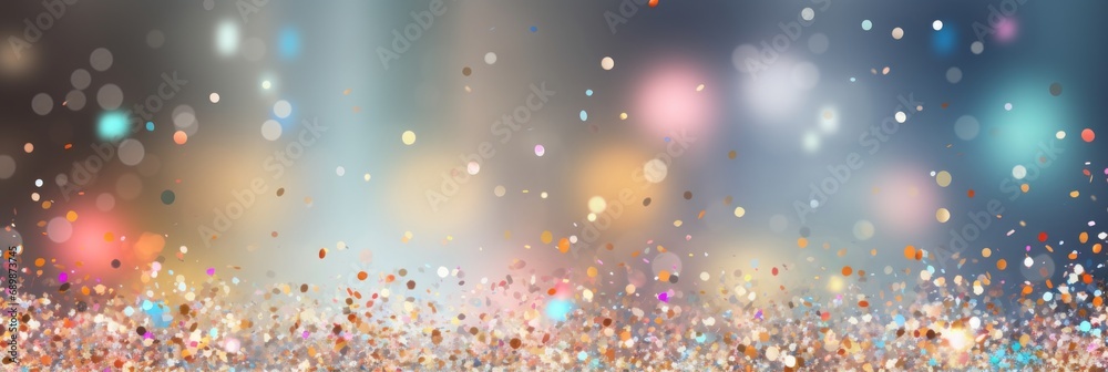 Blurred silver background with confetti and sparkles, bright colorful background, banner - obrazy, fototapety, plakaty 