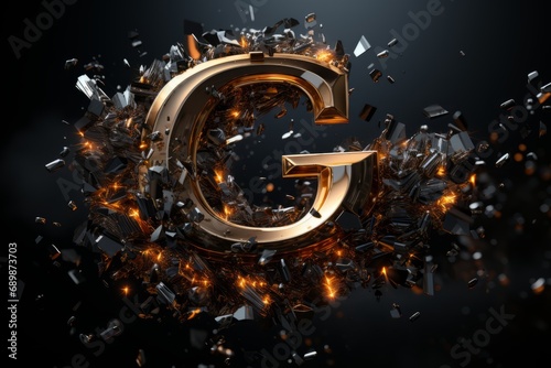 Volumetric capital letter G made of metal. Effect of metal heated for forging, with flames and smoke. Workpiece for spectacular 3D text. Mockup. Isolated on black.