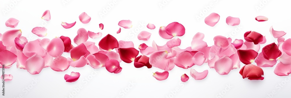 Valentine's Day concept, background of red rose petals on white background, banner