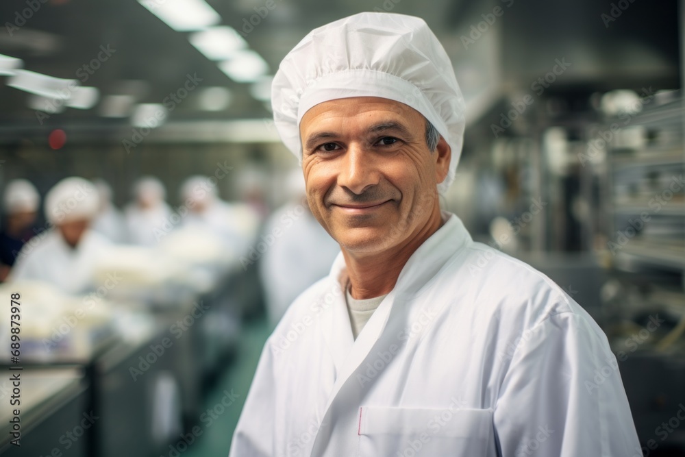 Food industry, man in white coat and safety cap on the background of blurred food production workshop, food quality control