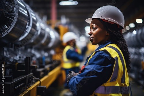 Close-up portrait of smiling african american women worker in safety uniform, hard hat, vest and glove in industrial manufacturer factory.