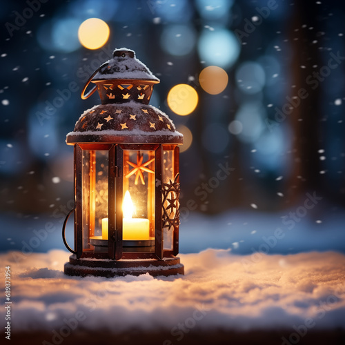 Christmas lantern, snow decoration with lights