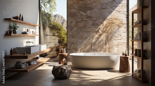 The interior of a modern minimalist bathroom in a luxurious cottage , apartment , house , villa .  © Fat Bee