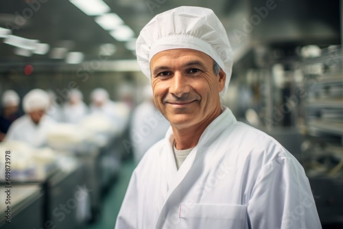 Food industry, man in white coat and safety cap on the background of blurred food production workshop, food quality control