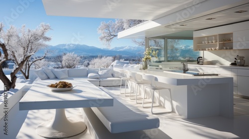 A perfectly white , elegant , modern kitchen , built-in appliances , a large white corner sofa with lots of pillows , glass walls overlooking the winter landscape , an open ceiling © Fat Bee
