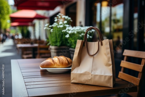 A loaf of freshly baked wheat bread, a bag of craft paper, a green potted plant on the table of an outdoor cafe, bakery and pastry shop. 
