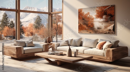 The interior of a stylish spacious living room in an elite cottage. 