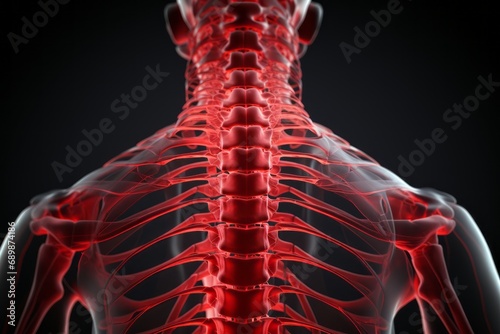 3D close-up illustration of the human cervical spine. Human vertebral column, vertebrae riddled with nerve endings. Back pain treatment and medical technologies concept. photo