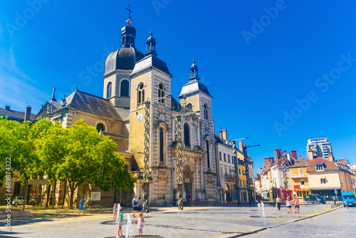 Scenic view of ancient Catholic church of Saint-Pierre in center of small french city of Chalon-sur-Saone on sunny summer day.