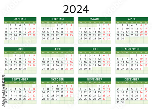 2024 dutch calendar. Printable, editable vector illustration for Dutch. months year kalender.