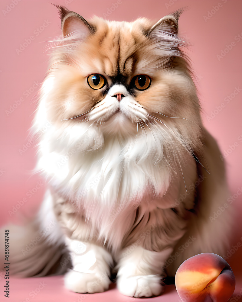 beautiful Persian cat on a pink background and a peach nearby