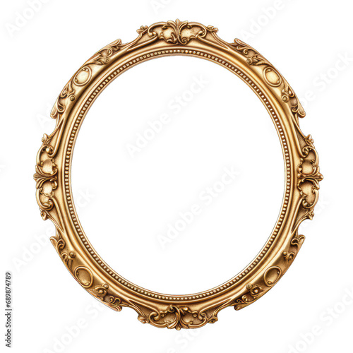 Golden oval photo frame isolated on white and transparent background, png © Stitch