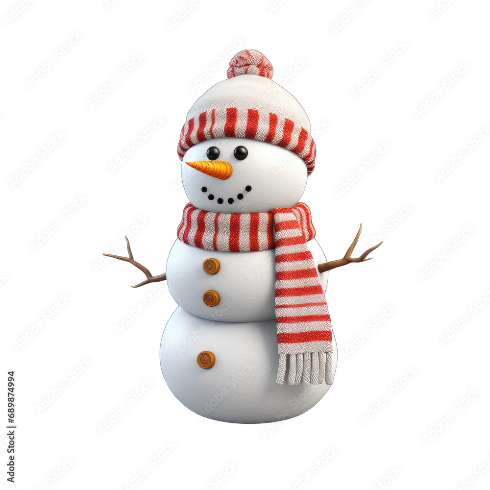 Minimalistic 3D model of a snowman isolated on white and transparent background, png
