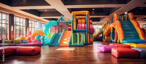 Colorful indoor children's play area with inflatable playground and safety net. photo