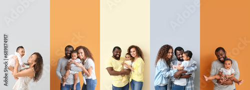 Collage of happy African-American families on color background photo