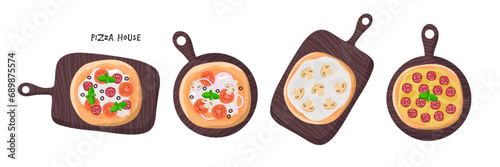 Pizza House. Different pizzas on serving boards. Pizza options according to different recipes. Cartoon vector illustration. Traditional italian dishes. Different Pizza Types on Wooden Board Top View.