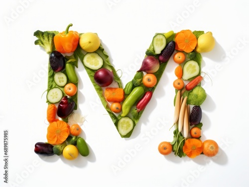 The Letter M Crafted from an Array of Fresh Vegetables, Showcasing Vibrant Nutrition and Wholesome Dietary Diversity
