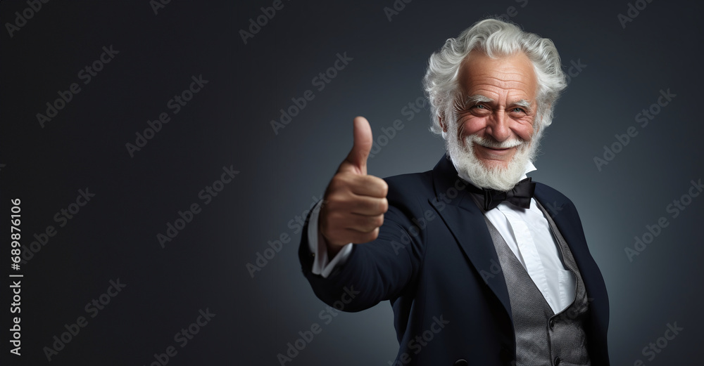 Portrait of a happy senior man showing thumbs up gesture on grey background
