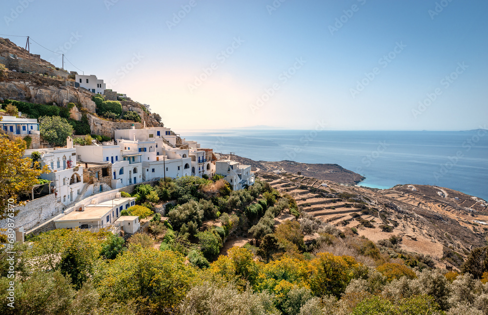 Kardiani, a beautiful picturesque village, the greenest one of Tinos Island, in Cyclades, Greece. It lies on the slopes of Mount Pateles, overlooking the Aegean Sea.