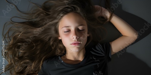 A tired, exhausted 10-year-old girl in black shirt on black bed about to fall asleep. generative AI