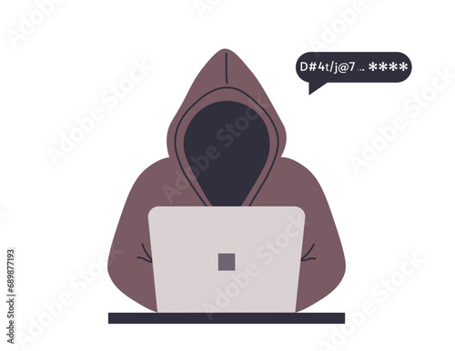 Hacker with laptop guesses password. Cyber criminal stealing user personal data. Hacker attack. Web security concept. Character in hood. Vector illustration on white background.