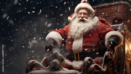 Santa Claus is sitting on a wooden chair and looking at the camera. Christmas background with copy space