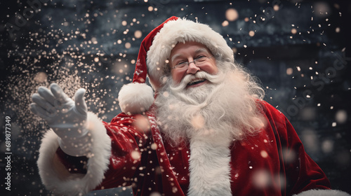 Santa Claus spreading holiday cheer in a snowy winter. Santa Claus waving his hand. Christmas and New Year concept © mikeosphoto